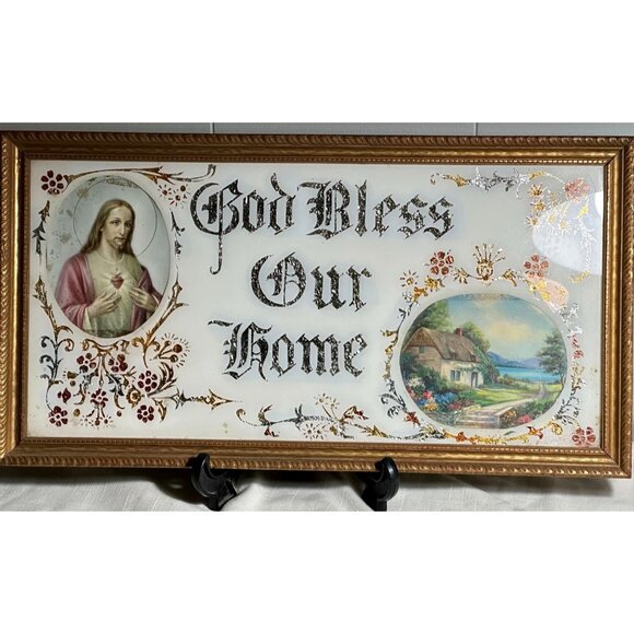 Reverse Foil Art Glass Framed Religious Bless Our House Sacred Heart of Jesus - Picture 2 of 12